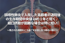 誤嚥性肺炎で入院した高齢者の退院後の生存期間中央値 は約 1 年と短く、経口摂取が困難な場合は特に短い ～残された時間をどう過ごすか話し合う際の一助に～