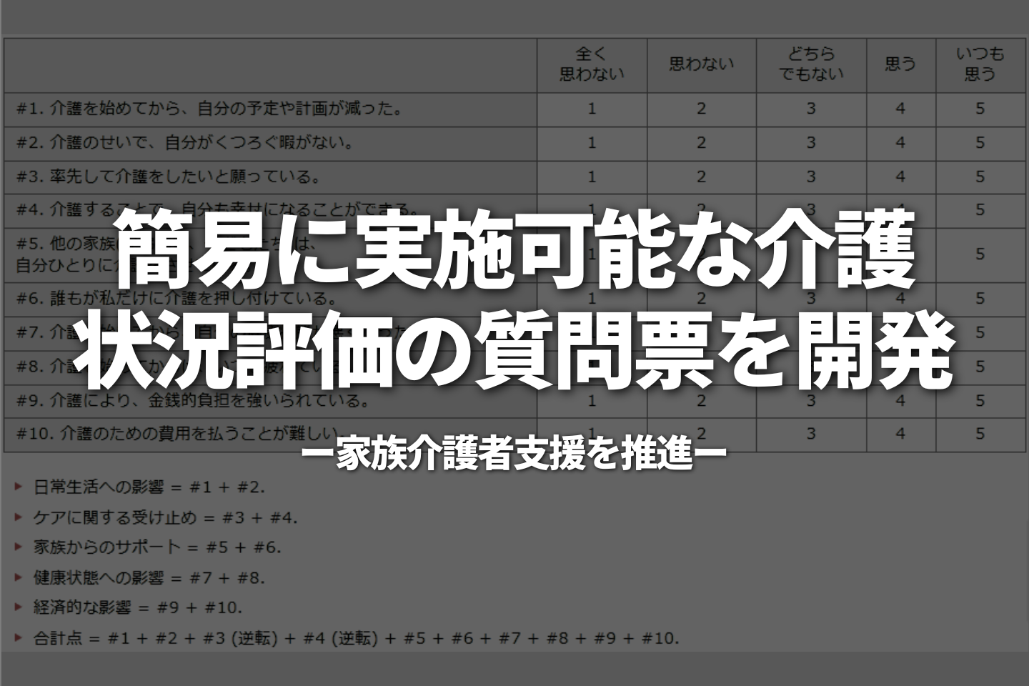 簡易に実施可能な介護状況評価の質問票を開発 -家族介護者支援を推進ー