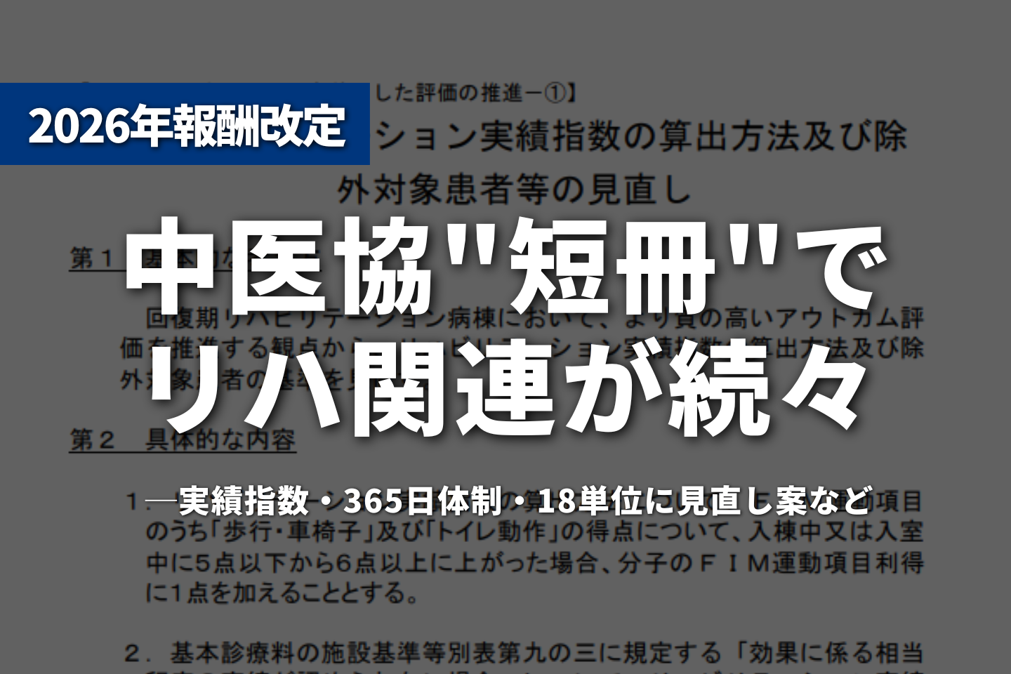 中医協"短冊"でリハ関連が続々──実績指数・365日体制・18単位に見直し案