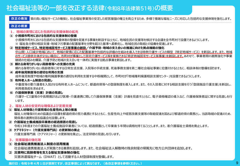 社会福祉法等の一部を改正する法律（令和8年法律第51号）の概要（第261回介護給付費分科会 資料1より）