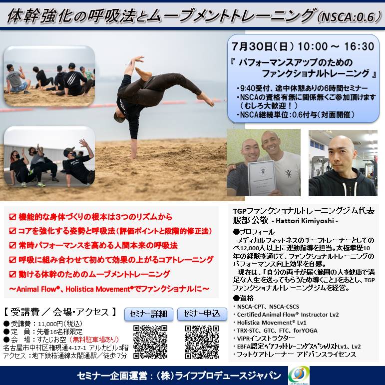 パフォーマンスアップのためのファンクショナルトレーニング ～体幹強化の呼吸法とムーブメントトレーニング～（NSCA継続単位：0.6付与）