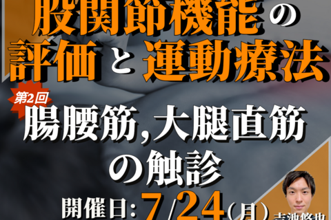 股関節機能の 評価と運動療法～機能解剖、触診の練習を中心に②～/股関節の関節可動域評価と運動療法/腸腰筋、大腿直筋の触診/講師：吉池悠也先生【コースの途中でも参加可能！！】