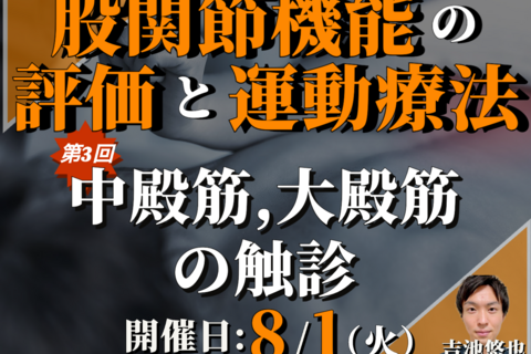 股関節機能の評価と運動療法～機能解剖、触診の練習を中心に③～/股関節の筋機能評価と運動療法/中殿筋、大殿筋の触診/講師：吉池悠也先生【コースの途中でも参加可能！！】