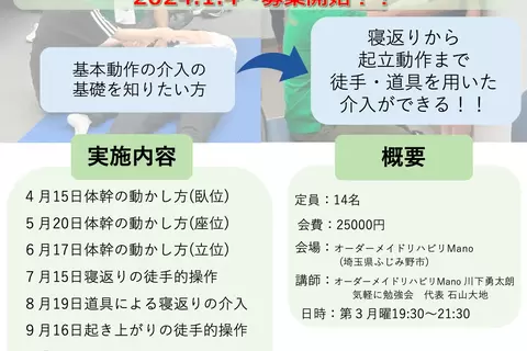 ２０２３年　若手基本動作９ヶ月コース　オーダーメイドリハビリManoナイトセミナー　残り２名