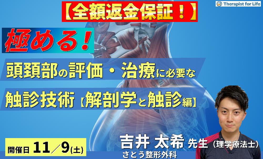 ※締切り間近【全額返金保証付き】頭頚部の評価・運動療法を極めるために必要な触診技術【機能解剖と触診編】〜骨・軟部組織・神経の触診と圧痛所見の取り方~ 講師:吉井太希先生