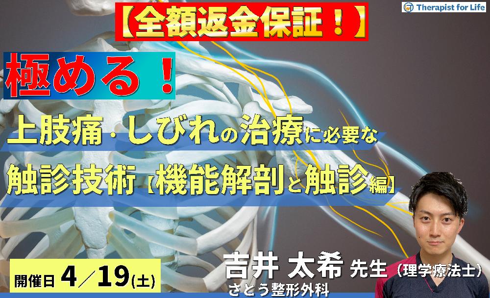 ※締切り間近【全額返金保証付き】上肢の痛み・しびれの評価・運動療法を極めるために必要な触診技術【機能解剖と触診編】〜病態解釈と組織触診の実際~ 講師:吉井太希先生