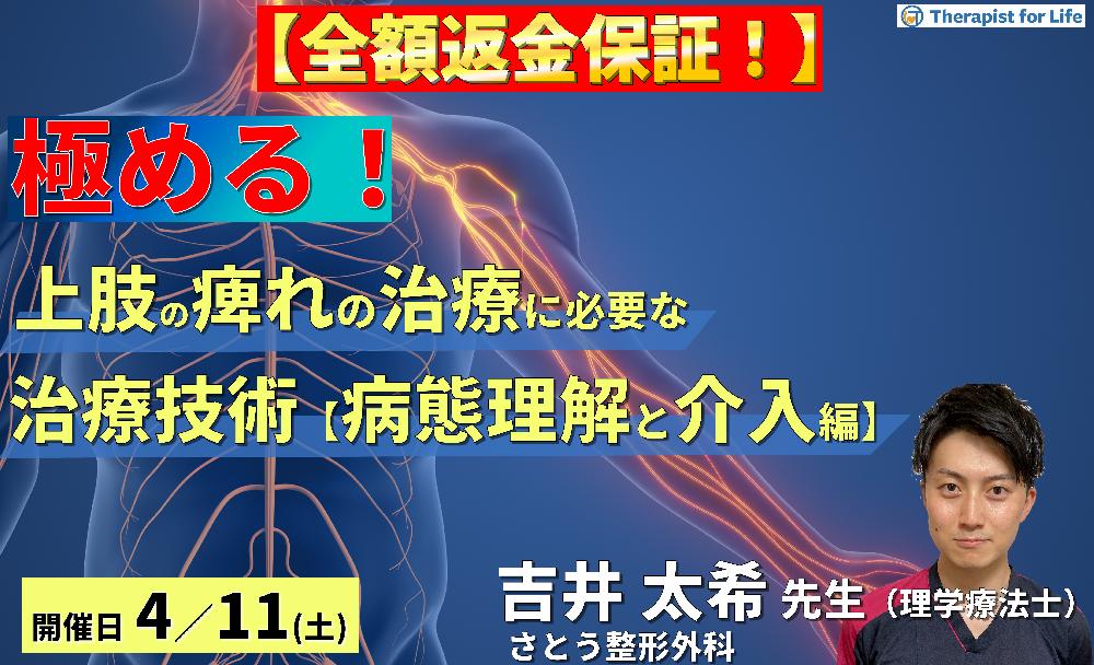 ※締切り間近【全額返金保証付き】PT・OTのための上肢痺れの治療を極めるために必要な評価とアプローチ【病態鑑別と治療介入編】〜胸郭出口症候群のリハビリテーション～　講師：吉井太希先生
