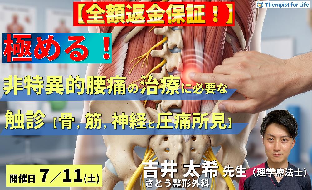 【※締切り間近】非特異的腰痛の評価・運動療法を極めるための機能解剖と触診技術〜病態鑑別に必要な骨・筋・神経の触診と圧痛評価のポイント~ 講師:吉井太希先生