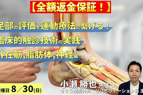 【早割中！】足部の評価を運動療法に繋げる！臨床的触診技術の実践【外在筋・脂肪体・神経編】〜軟部組織・神経の滑走性改善を中心に～　講師：小瀬勝也先生